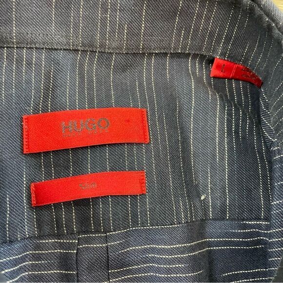 HUGO Hugo Boss Navy Blue Super soft stretchy Cotton Button Up Shirt L - Picture 3 of 12